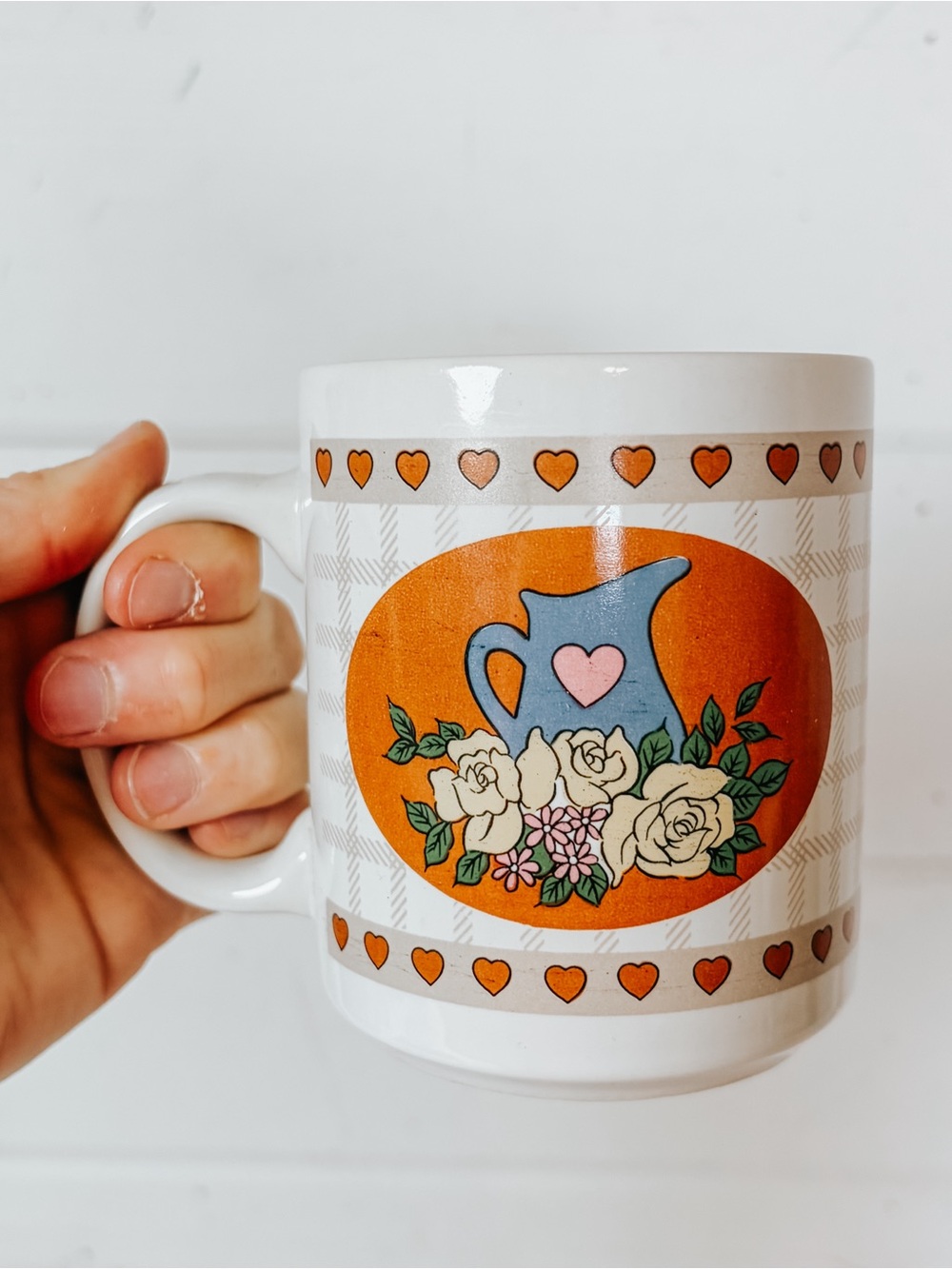 Vintage Cottagecore Pitcher Hearts Ceramic Coffee Mug